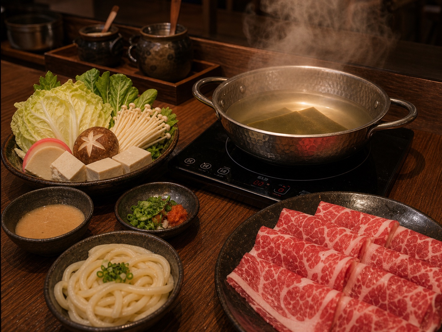 一人前日式火鍋套餐示意圖，包含蔬菜盤、牛肉、烏冬和個人鍋