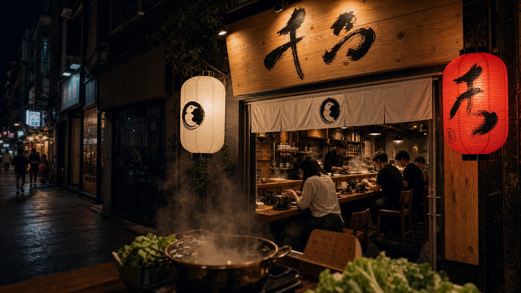澳門日式火鍋小店風格的夜間門頭示意圖